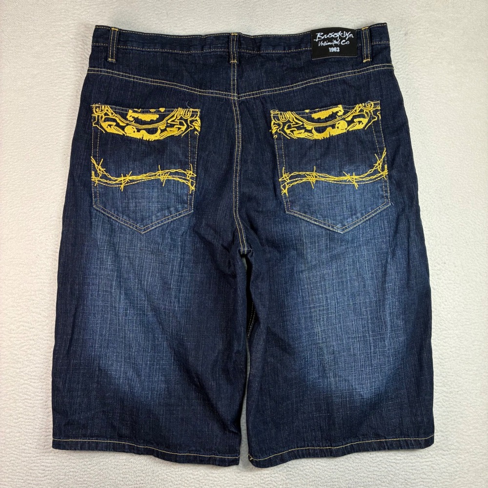 Y2K Brooklyn Unlimited Baggy Jean Shorts Men 42x15 Blue Embroidered Faded Jorts